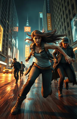 A dynamic scene of a main character running desperately from pursuers in a thrilling chase