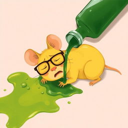 A whimsical yet slightly dramatic illustration of a yellow mouse with glasses lying on the ground in a pained position, surrounded by spilled green oil