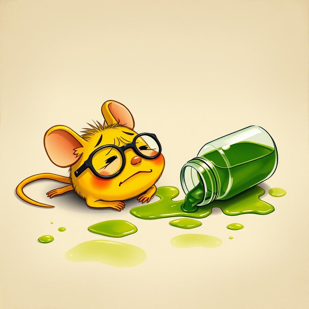 A whimsical yet slightly dramatic illustration of a yellow mouse with glasses lying on the ground in a pained position, surrounded by spilled green oil