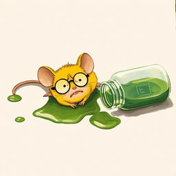 A whimsical yet slightly dramatic illustration of a yellow mouse with glasses lying on the ground in a pained position, surrounded by spilled green oil