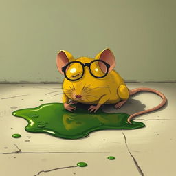 A yellow mouse wearing glasses, lying on the ground in pain, surrounded by green oil pooling on the floor