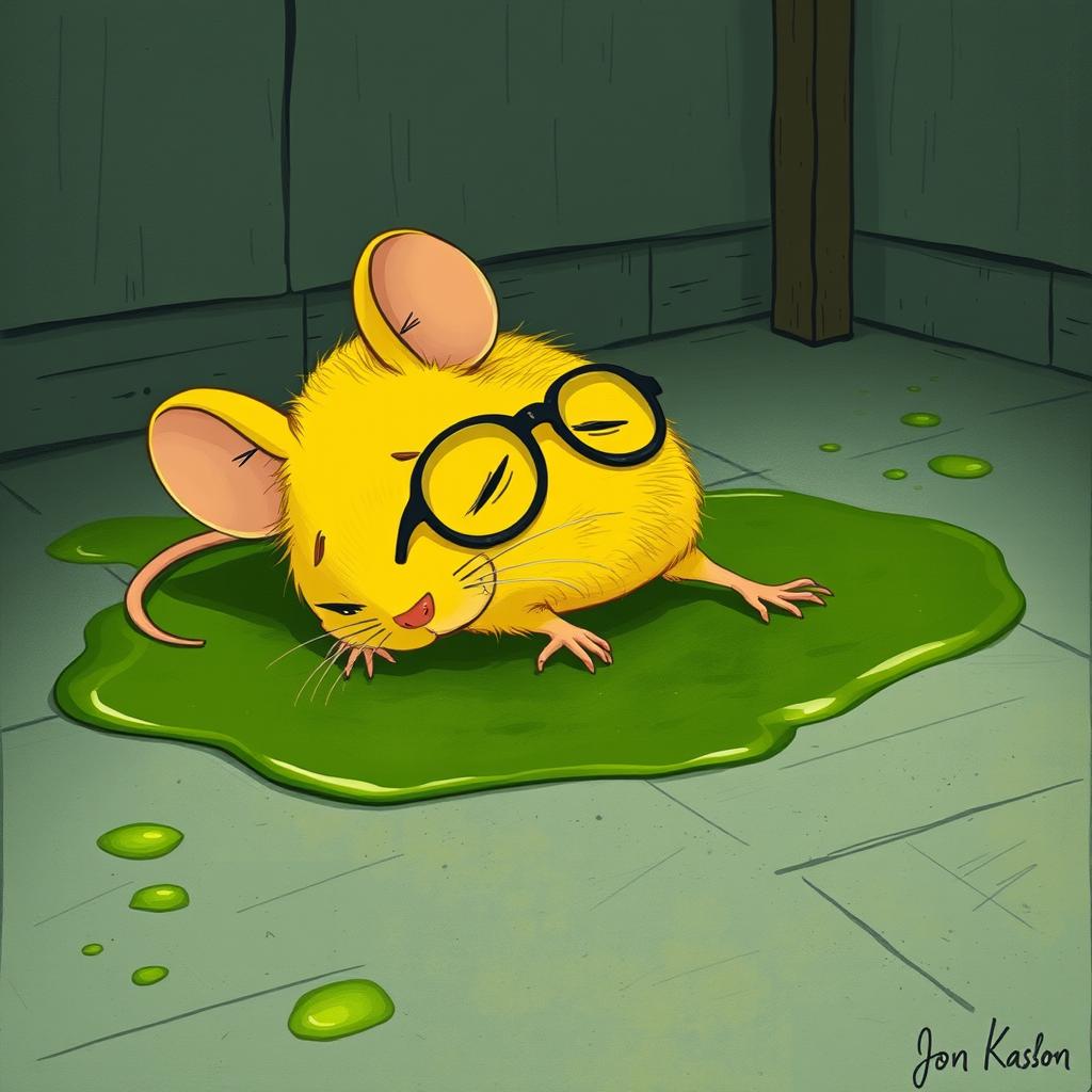 A yellow mouse wearing glasses, lying on the ground in pain, surrounded by green oil pooling on the floor
