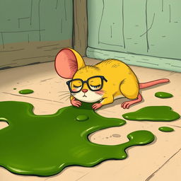 A yellow mouse wearing glasses, lying on the ground in pain, surrounded by green oil pooling on the floor