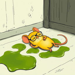 A yellow mouse wearing glasses, lying on the ground in pain, surrounded by green oil pooling on the floor