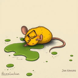 A yellow mouse wearing glasses, lying on the ground in pain, with green oil slicks spread across the floor