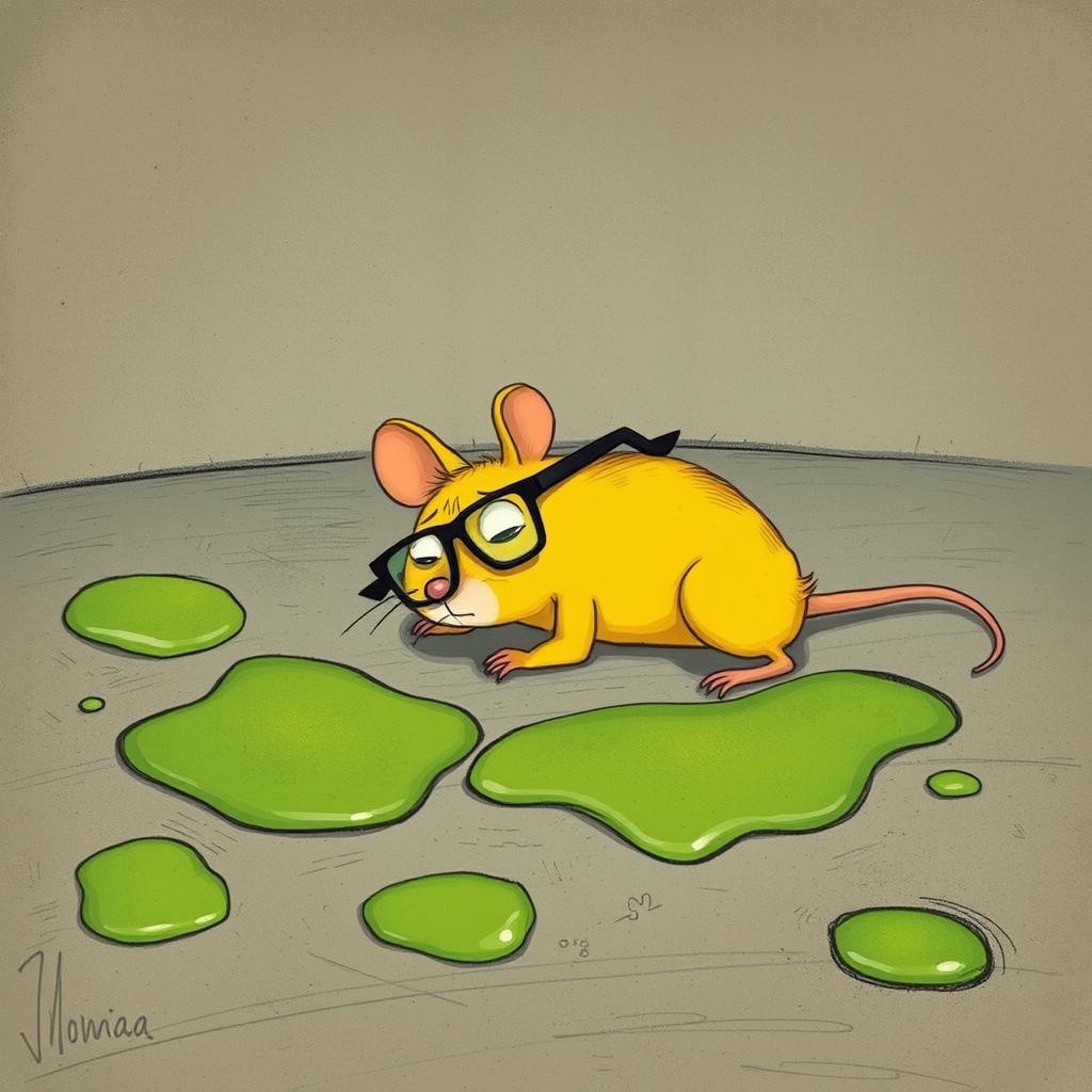 A yellow mouse wearing glasses, lying on the ground in pain, with green oil slicks spread across the floor