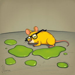 A yellow mouse wearing glasses, lying on the ground in pain, with green oil slicks spread across the floor