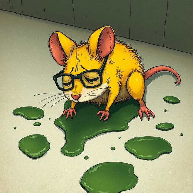 A yellow mouse wearing glasses, lying on the ground in pain, with green oil slicks spread across the floor
