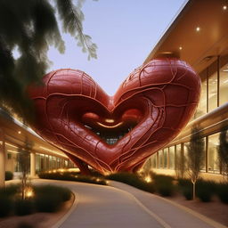 A distinctive hospital building designed in the shape of a realistic human heart, intricate veins and arteries serving as pathways, situated in a serene environment.