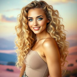 A stunning young woman with long, flowing curly blonde hair and captivating blue eyes