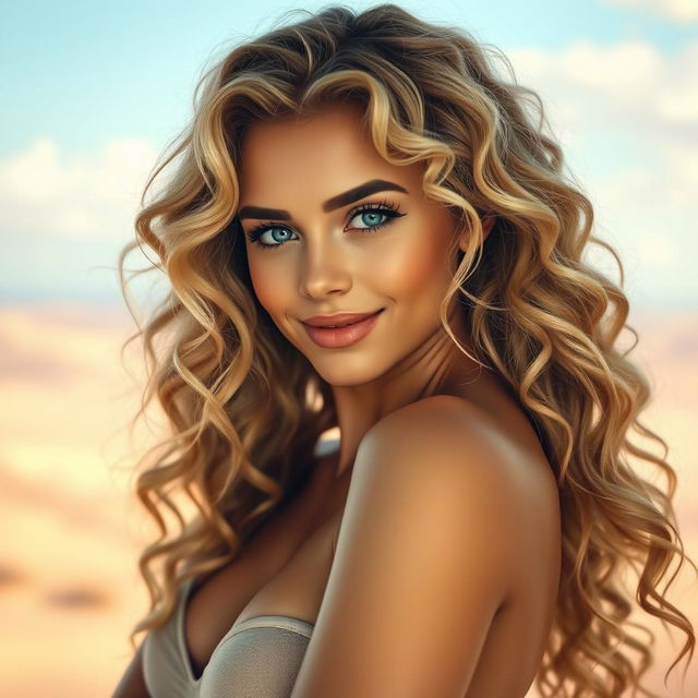 A stunning young woman with long, flowing curly blonde hair and captivating blue eyes
