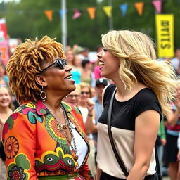 A lively and humorous scene featuring Wanda Sykes and Taylor Swift sharing a playful kiss on the cheek