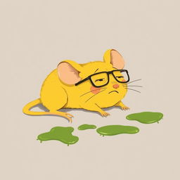 A yellow mouse wearing glasses, lying on the ground in pain, with green oil splattered on the floor around it