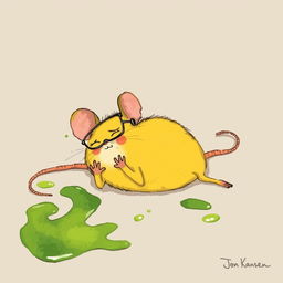 A yellow mouse wearing glasses, lying on the ground in pain, with green oil splattered on the floor around it