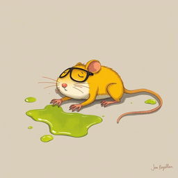 A yellow mouse wearing glasses, lying on the ground in pain, with green oil splattered on the floor around it