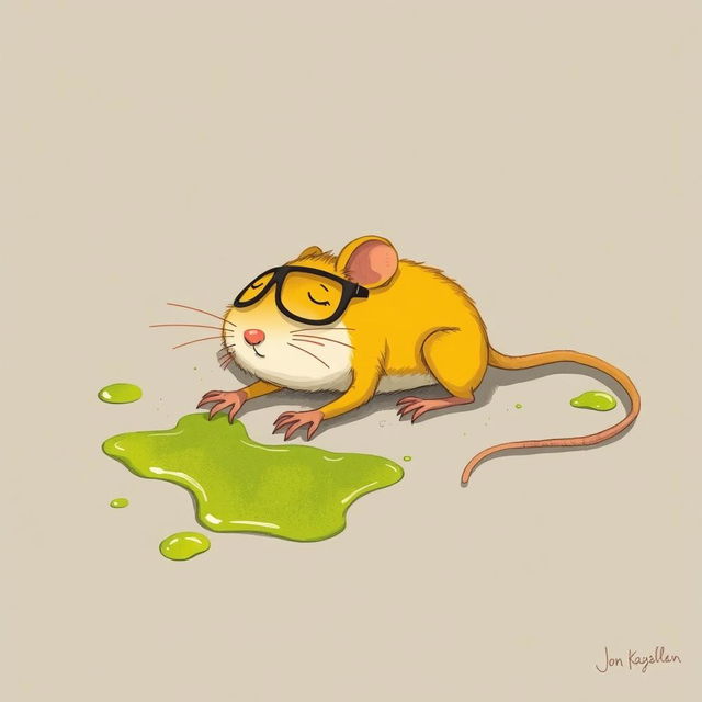 A yellow mouse wearing glasses, lying on the ground in pain, with green oil splattered on the floor around it