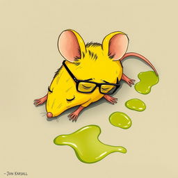 A yellow mouse wearing glasses, lying on the ground in pain, with green oil splattered on the floor around it