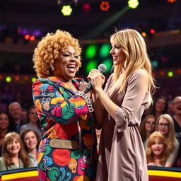 A humorous and imaginative scene featuring Wanda Sykes playfully squeezing Taylor Swift in a lighthearted and comedic manner