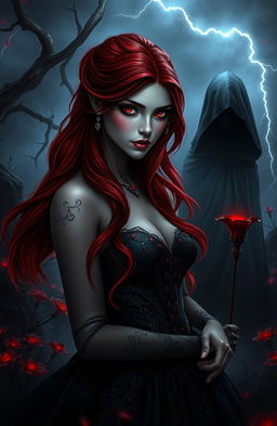 A captivating fantasy scene featuring a dark princess named Darkblood, who embodies dark love and mystery