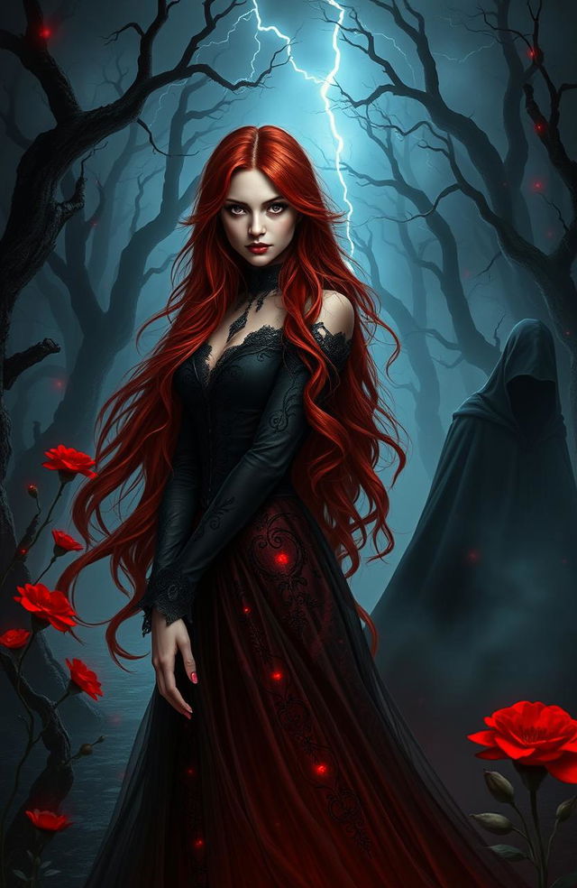 A captivating fantasy scene featuring a dark princess named Darkblood, who embodies dark love and mystery