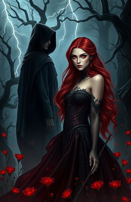 A captivating fantasy scene featuring a dark princess named Darkblood, who embodies dark love and mystery