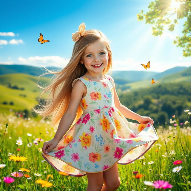 A beautiful young girl with long flowing hair and bright blue eyes, wearing a colorful summer dress adorned with floral patterns, standing in a sunlit meadow filled with wildflowers