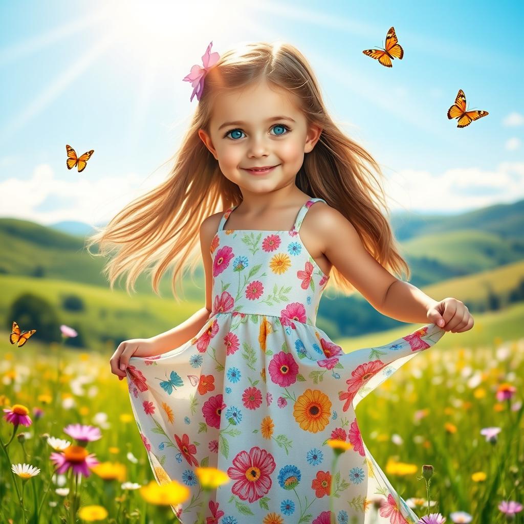 A beautiful young girl with long flowing hair and bright blue eyes, wearing a colorful summer dress adorned with floral patterns, standing in a sunlit meadow filled with wildflowers