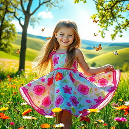 A beautiful young girl with long flowing hair and bright blue eyes, wearing a colorful summer dress adorned with floral patterns, standing in a sunlit meadow filled with wildflowers