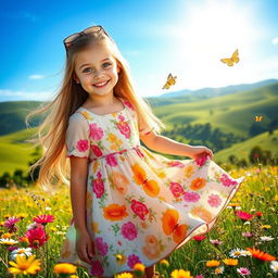 A beautiful young girl with long flowing hair and bright blue eyes, wearing a colorful summer dress adorned with floral patterns, standing in a sunlit meadow filled with wildflowers