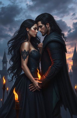 A captivating fantasy scene depicting a dark love story between a princess and her enemy