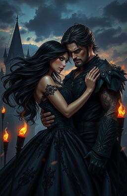 A captivating fantasy scene depicting a dark love story between a princess and her enemy
