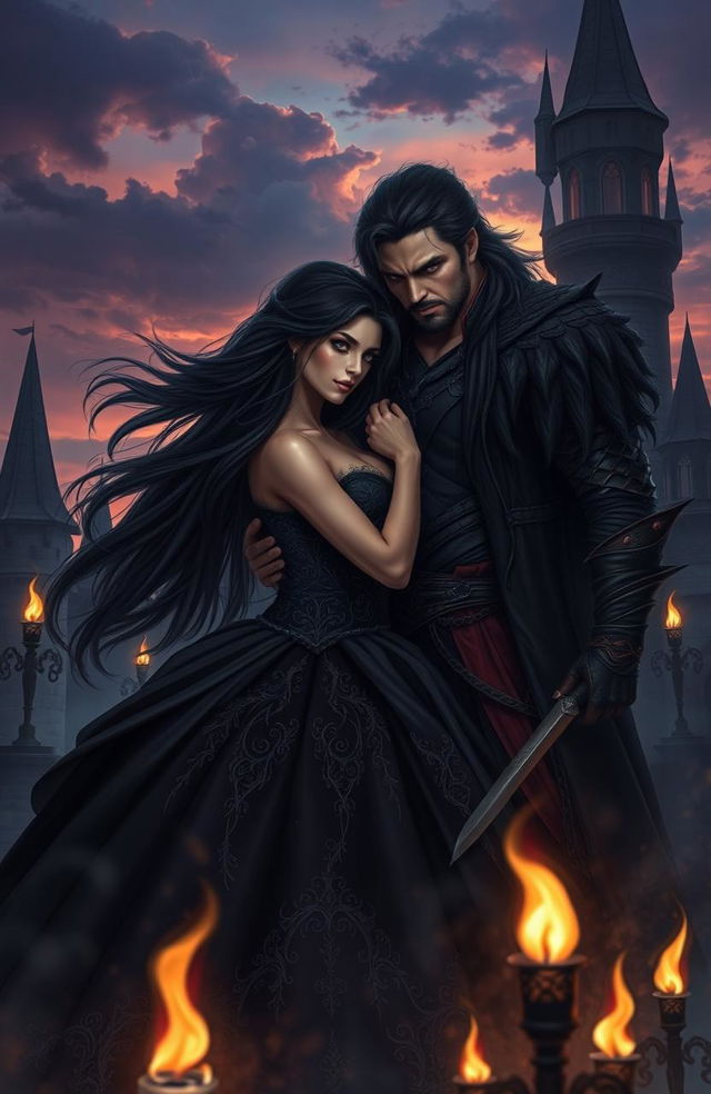 A captivating fantasy scene depicting a dark love story between a princess and her enemy