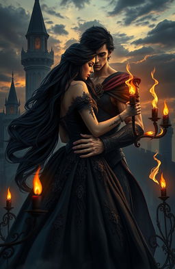 A captivating fantasy scene depicting a dark love story between a princess and her enemy