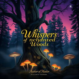 A captivating book cover design featuring a mystical forest scene at twilight