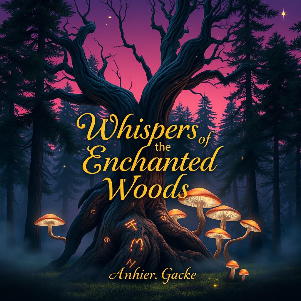 A captivating book cover design featuring a mystical forest scene at twilight