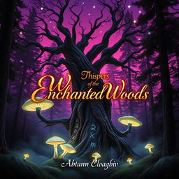 A captivating book cover design featuring a mystical forest scene at twilight