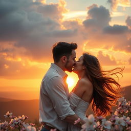 A romantic scene of two people sharing a passionate kiss under a beautiful sunset, with dramatic clouds and a golden glow enveloping them