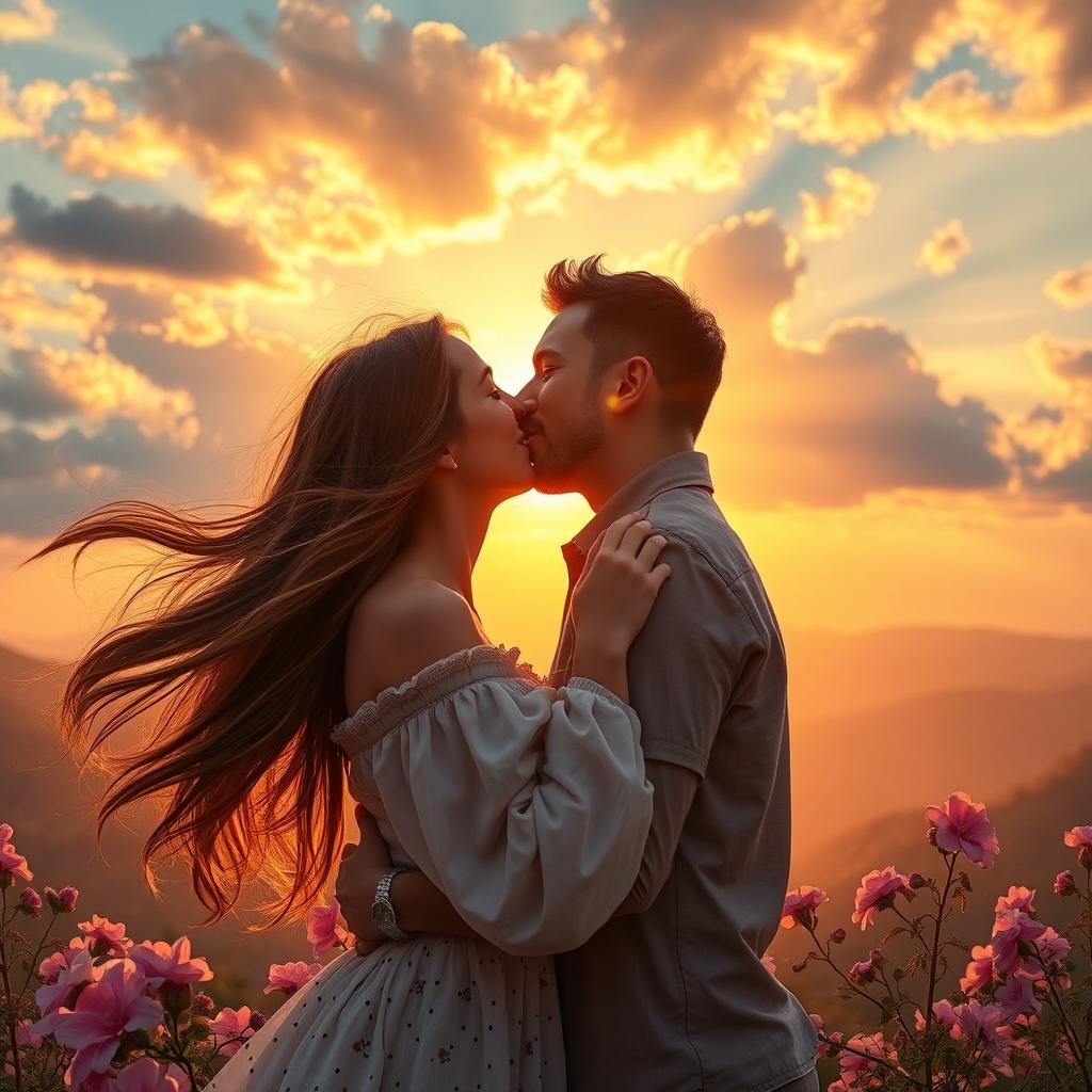 A romantic scene of two people sharing a passionate kiss under a beautiful sunset, with dramatic clouds and a golden glow enveloping them