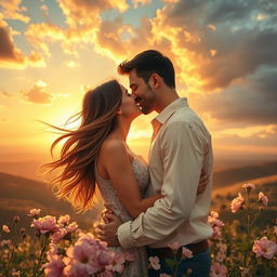 A romantic scene of two people sharing a passionate kiss under a beautiful sunset, with dramatic clouds and a golden glow enveloping them