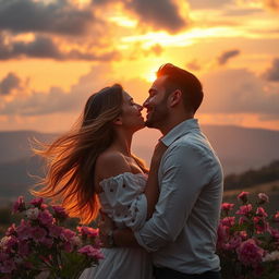 A romantic scene of two people sharing a passionate kiss under a beautiful sunset, with dramatic clouds and a golden glow enveloping them