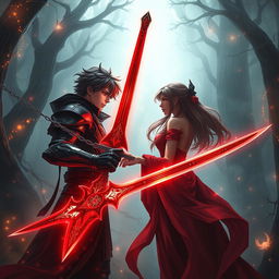 A dramatic fantasy scene featuring two characters in a tense yet passionate moment
