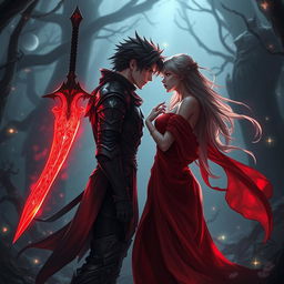 A dramatic fantasy scene featuring two characters in a tense yet passionate moment