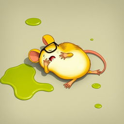 A yellow mouse wearing glasses, lying on the ground in pain with its body slumped down, amidst patches of green oil spreading on the floor