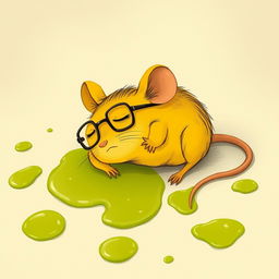 A yellow mouse wearing glasses, lying on the ground in pain with its body slumped down, amidst patches of green oil spreading on the floor