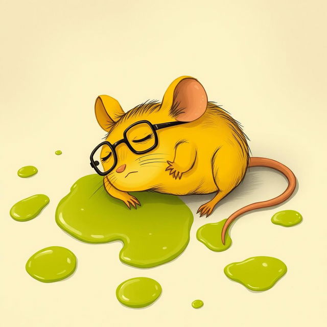 A yellow mouse wearing glasses, lying on the ground in pain with its body slumped down, amidst patches of green oil spreading on the floor