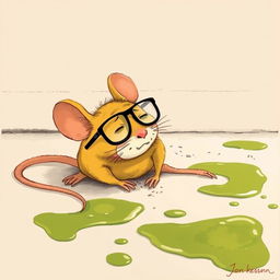 A yellow mouse wearing glasses, lying on the ground in pain with its body slumped down, amidst patches of green oil spreading on the floor