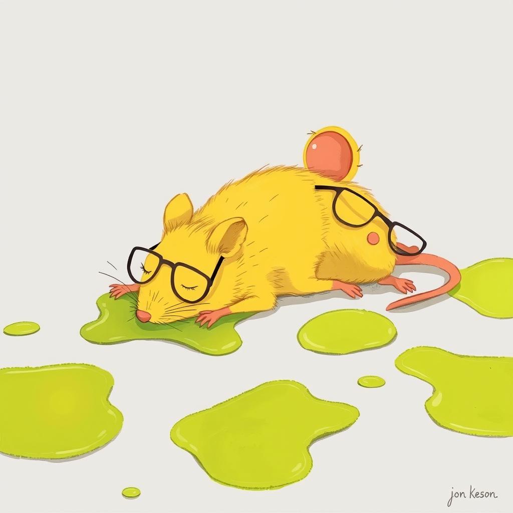 A yellow mouse wearing glasses, lying on the ground in pain with its body slumped down, amidst patches of green oil spreading on the floor