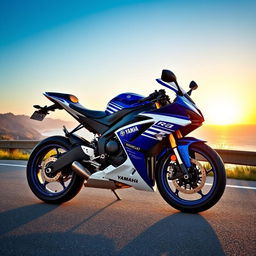 A strikingly detailed Yamaha R1 motorcycle, showcasing its sleek design and aerodynamic lines