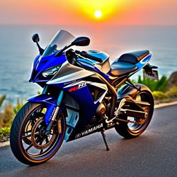 A strikingly detailed Yamaha R1 motorcycle, showcasing its sleek design and aerodynamic lines
