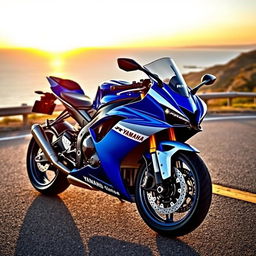 A strikingly detailed Yamaha R1 motorcycle, showcasing its sleek design and aerodynamic lines